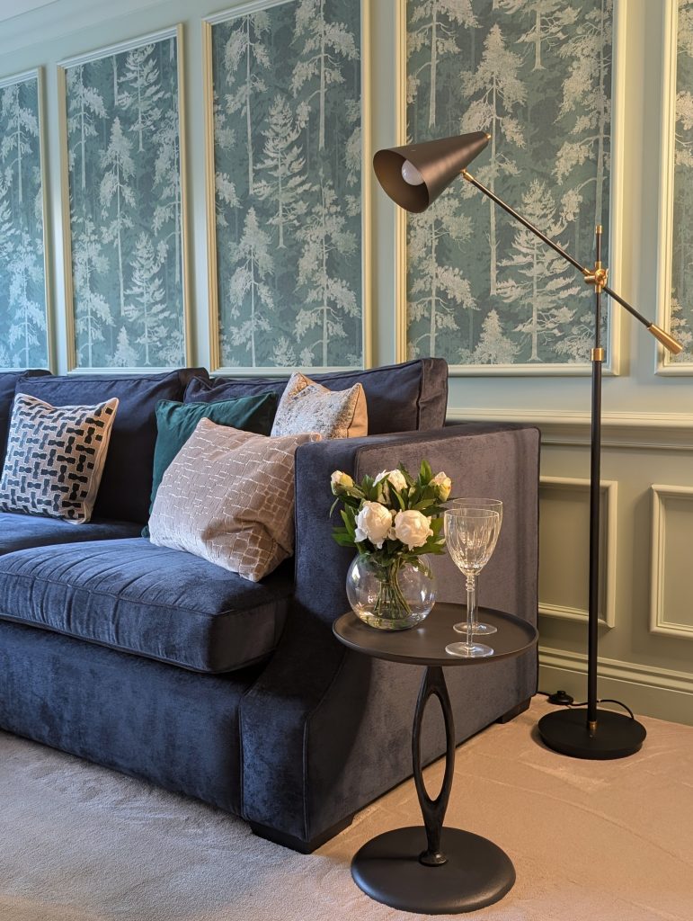 Hutton Mount Livingroom and Sitting room with custom made panelling and floor lamp, sofa