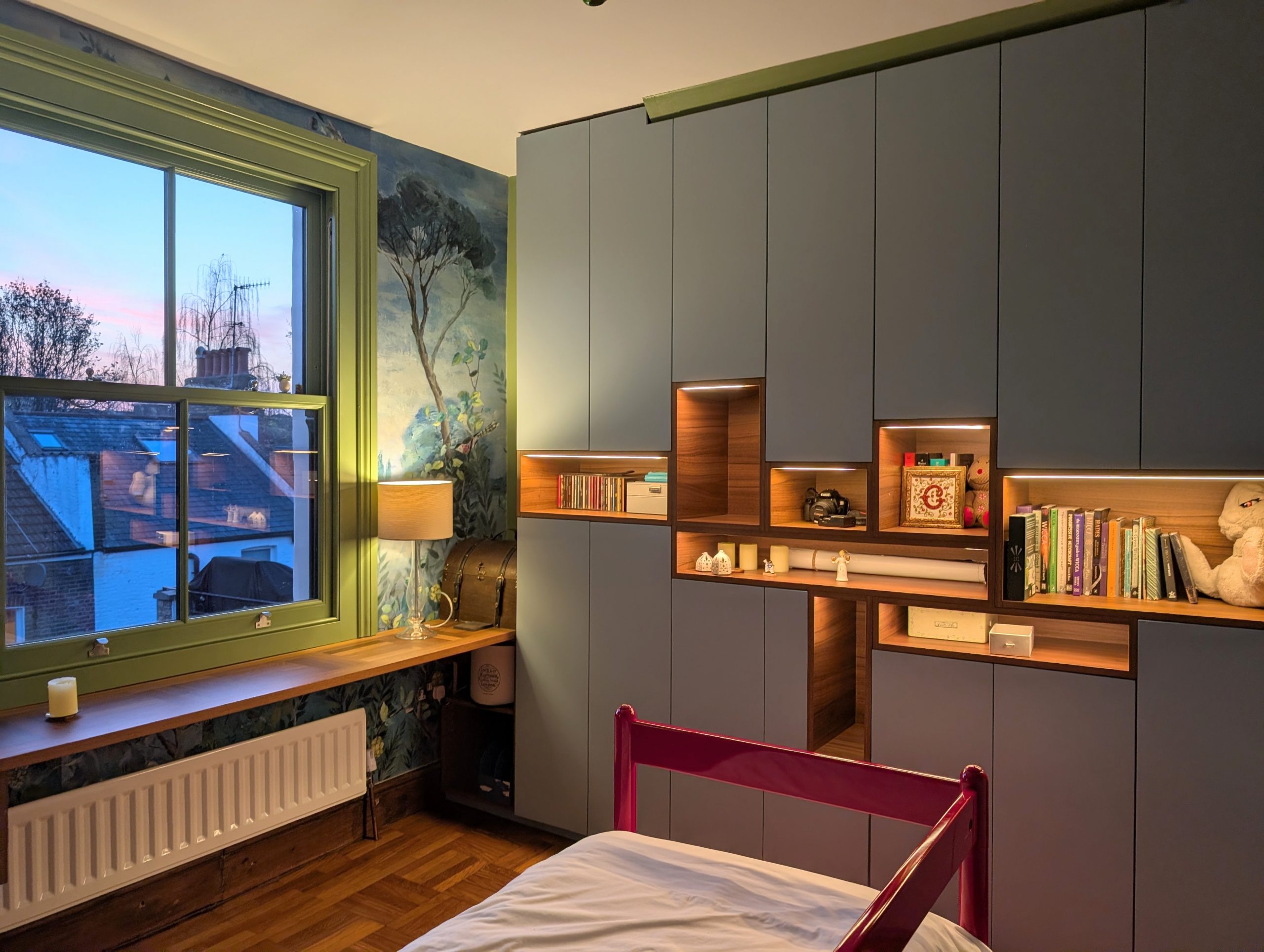 Teenager's Bedroom In Chelsea, London with bespoke shelving